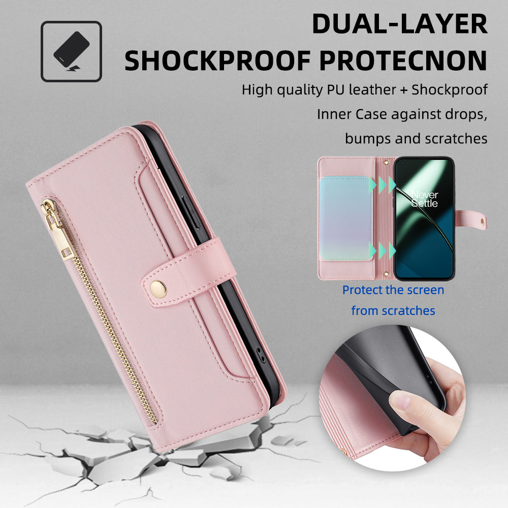 Shockproof Phone Case for OnePlus 11 5G Zipper Pocket Card Slots Flip Leather Phone Cover with Straps Shockproof Phone Case for OnePlus 11 5G Zipper Pocket Card Slots Flip Leather Phone Cover with Straps